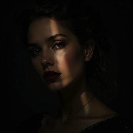 Portrait of beautiful young woman with red lips on black background.の素材
