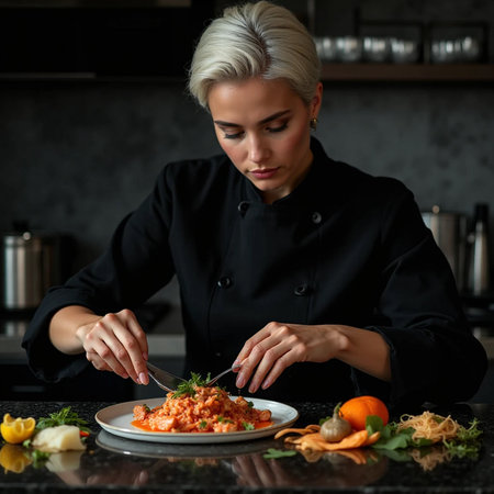 Young woman in black apron cooking pasta bolognese in restaurant kitchen.の素材