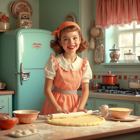 Portrait of a beautiful girl in the kitchen. Retro style.の素材