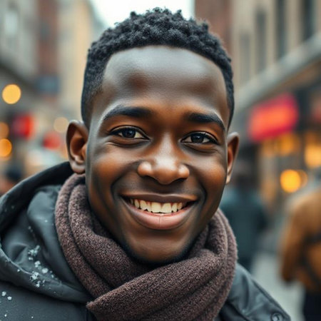 Portrait of a smiling African American boy in the cityの素材