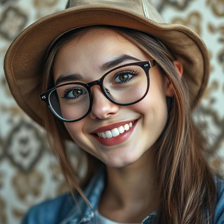 Close up portrait of a beautiful smiling young woman in a hat and glassesの素材