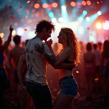 Young couple dancing at a music festival in front of bright stage lightsの素材