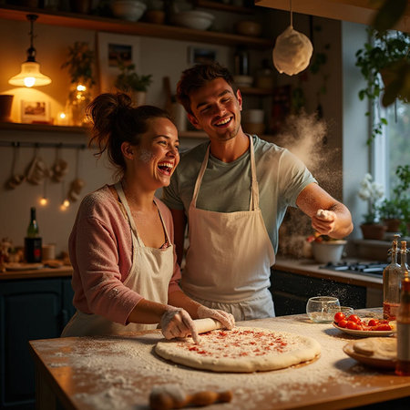 Happy couple cooking pizza in the kitchen at home. Young man and woman are preparing a pizza.の素材