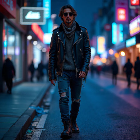 Handsome young man in a fashionable leather jacket and sunglasses is walking on the street at night.の素材