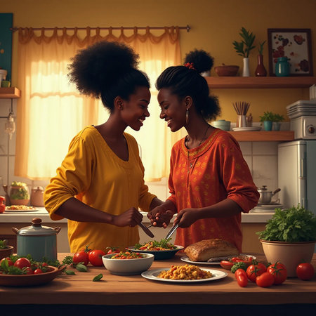 African american mother and daughter cooking together in the kitchen at homeの素材