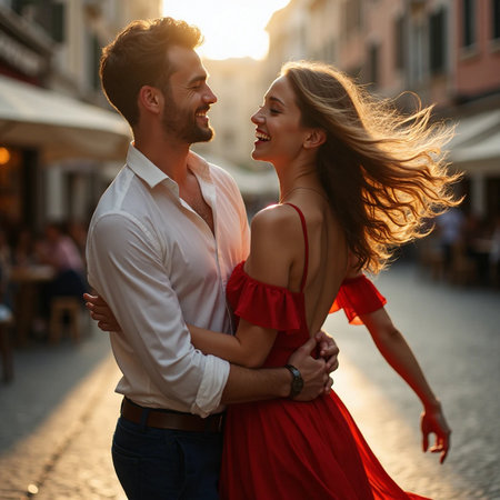 Beautiful young couple in love hugging and smiling while walking in the city at sunsetの素材