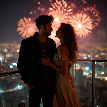 Beautiful couple on the roof with fireworks in the night city.の素材