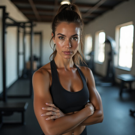 Portrait of confident young woman standing with arms crossed in fitness studioの素材