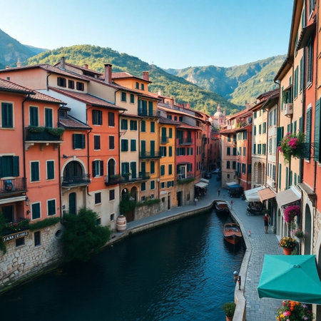Beautiful view of the colorful houses along the Naviglio Grande in Liguria, Italyの素材