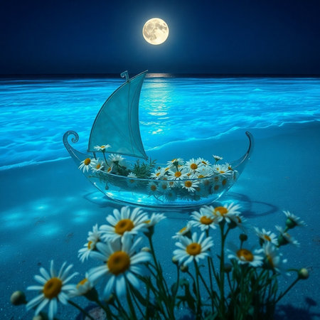 sailing boat with flowers floating in the sea at full moon nightの素材