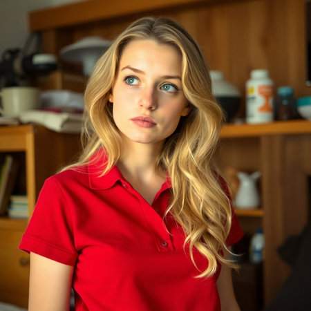 Portrait of a beautiful young blonde woman in a red blouse.の素材