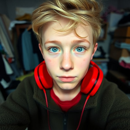 Portrait of a young boy with blond hair and red headphones.の素材