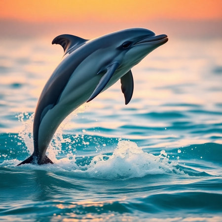 Dolphins jumping out of the water at sunset. Dolphins jumping out of the water.の素材