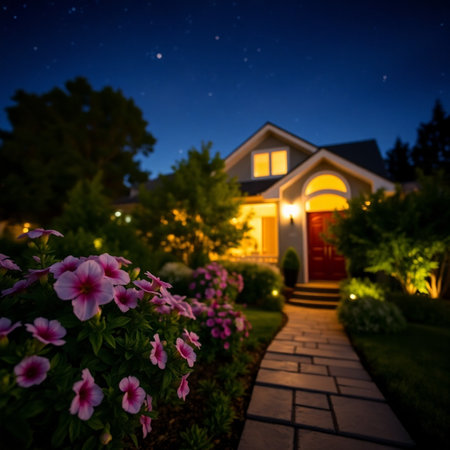Beautiful night view of cozy home with blooming flowers in garden.の素材
