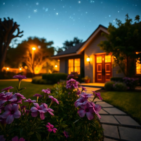 Beautiful night view of the garden with blooming flowers and cozy homeの素材
