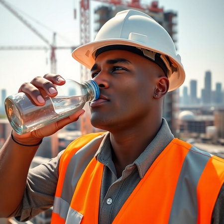 Portrait of young African American male engineer drinking water from bottle on construction site.の素材