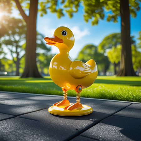 Yellow rubber duck toy in the park at sunset. 3d renderingの素材