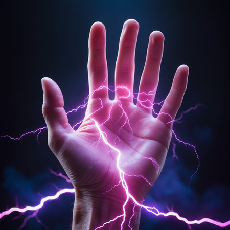 Conceptual image of human hand with lightning on dark background.の素材