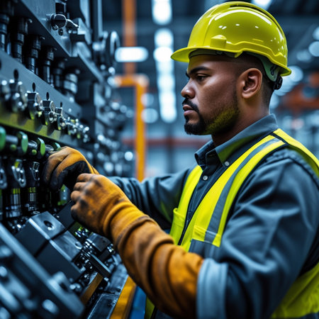 Portrait of young African-American male worker in safety vest and yellow hardhat standing at control panel in factory. Industrial and industrial workers concept.の素材