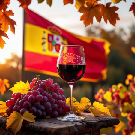 Wineglass with red wine on the background of the flag of Spain.の素材