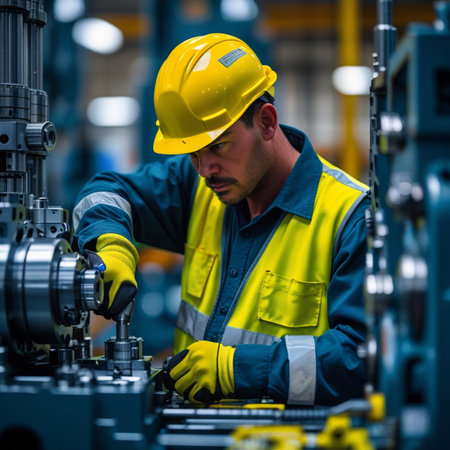 Industrial worker working on machine in factory. This is a freight transportation and distribution warehouse. Industrial and industrial workers conceptの素材