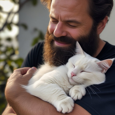 Man with a beard and mustache holds a white cat in his armsの素材