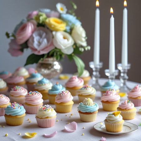 Cupcakes with buttercream frosting and candles in the backgroundの素材