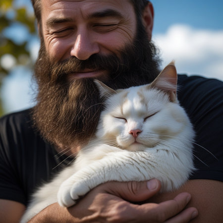 Man with a long beard and mustache holds a white cat in his armsの素材