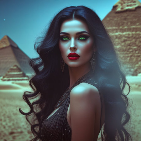 Fashion portrait of beautiful young woman with giza pyramids in background.の素材