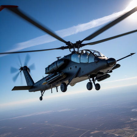 Military helicopter flying in the blue sky. 3D rendering. Computer digital drawing.の素材