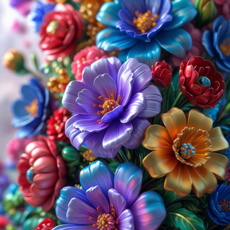 Colorful artificial flowers as background, closeup. Floral patternの素材