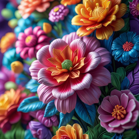 Colorful artificial flowers as background, closeup. Floral patternの素材