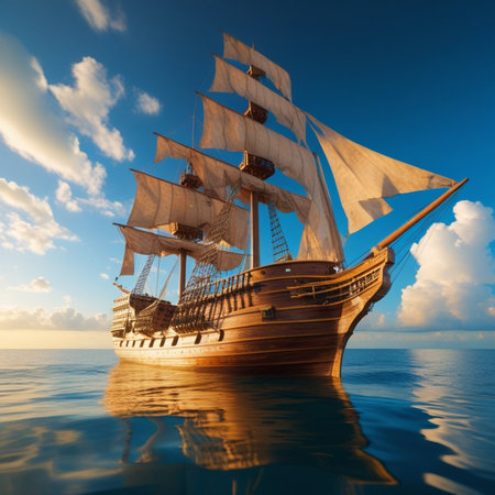 Sailing ship in the sea at sunset. 3D render.の素材