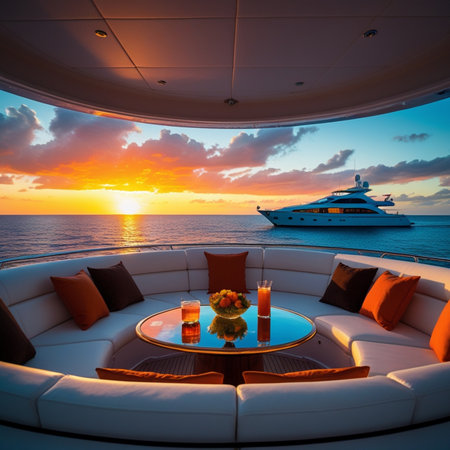 Luxury cruise ship on the sea at sunset. Luxury yachts on the background.の素材