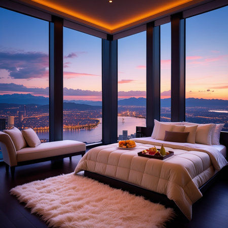 Luxury bedroom with view of the sea and mountains at sunsetの素材