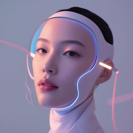 3D rendering of a female robot listening to music with headphones.の素材