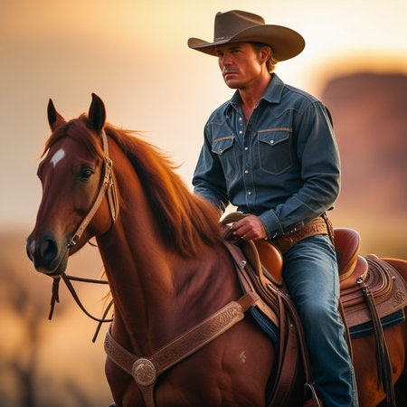 Cowboy in cowboy hat with his horse in the field at sunsetの素材