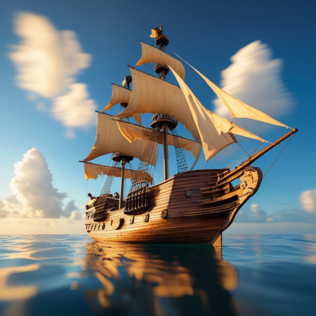 Sailing ship in the ocean. 3D render. Vintage style.の素材