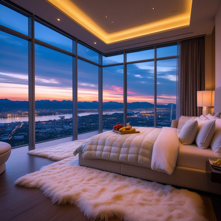 Luxury bedroom interior with a beautiful view of the city and the sea.の素材