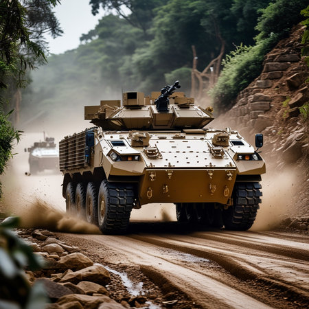 Military vehicle moving on the road in the jungle. Selective focus.の素材