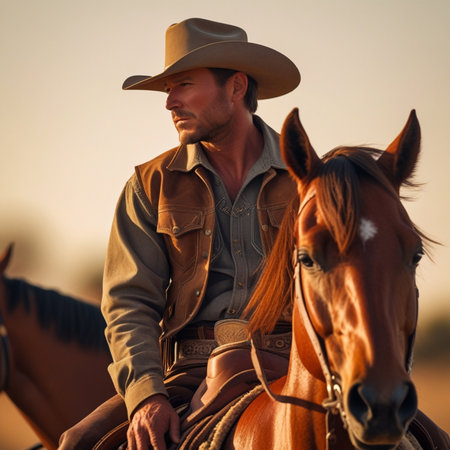 Cowboy on horseback at the sunset. Cowboy on horseback in the sunsetの素材