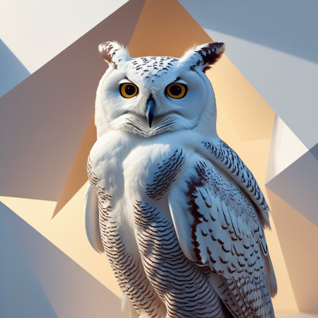 Snowy owl with yellow eyes on a geometric background. 3d renderingの素材
