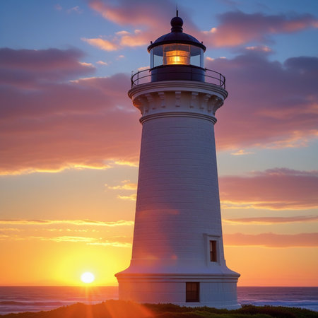 Lighthouse at sunset. California, USA. Beautiful seascape.の素材