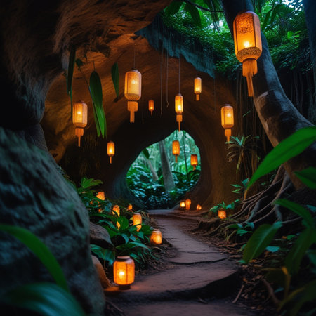 Lanterns decorate the entrance to the cave in the garden.の素材