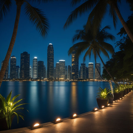 Miami skyline at night with palm trees and reflection in the water.の素材