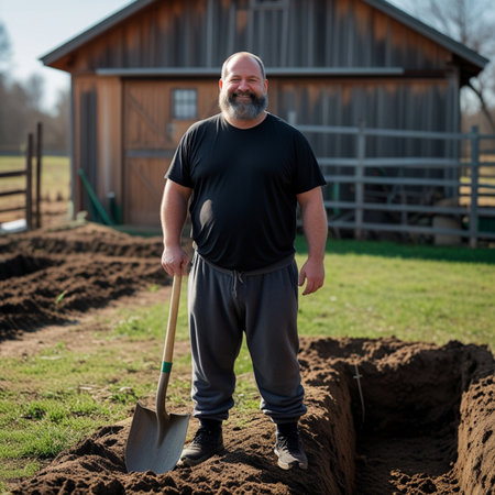 Portrait of a senior man digging a hole in the ground with shovelの素材