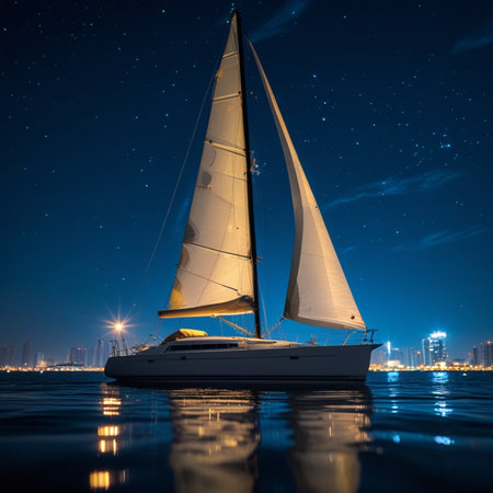 Sailing yacht in the sea at night. 3d rendering.の素材