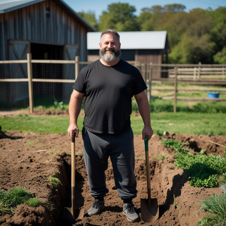 Portrait of senior man working with spade on vegetable garden.の素材
