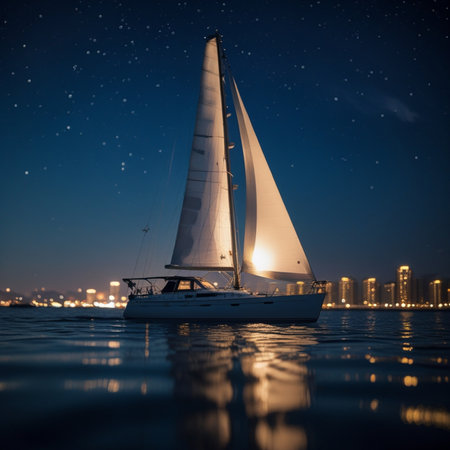 Sailing yacht on the sea at night. Luxury sailboatの素材