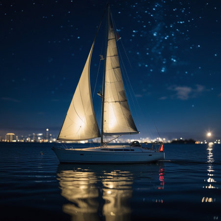Sailing yacht in the sea at night with starry sky.の素材